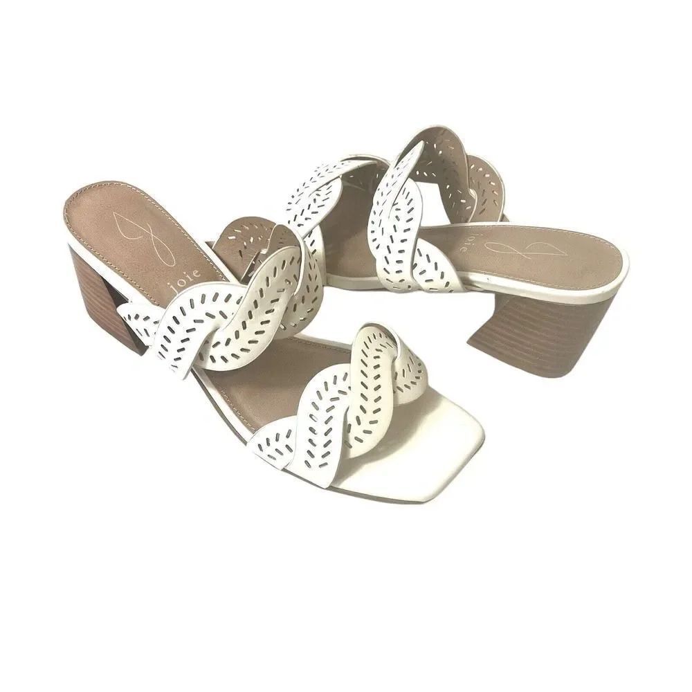 Joie Slip On Strap Comfort Sandal Ivory Cutout Faux Leather Womens 6.5M Mid Heel